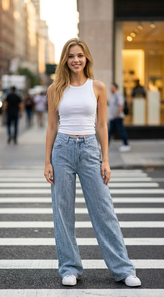 Wide leg jeans met strass steentjes