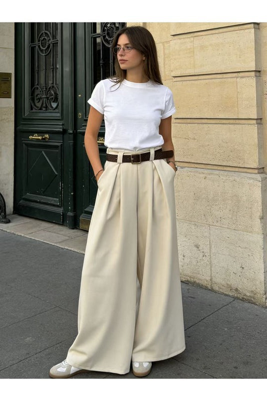 Elegante beige wijde broek met plooien