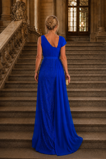 Koningsblauwe avondjurk met glitterdetails