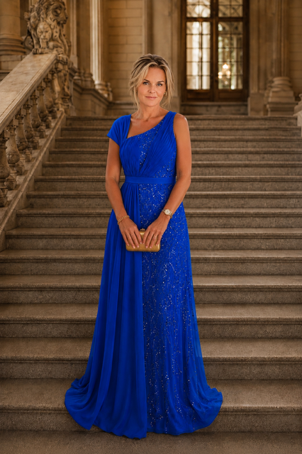 Koningsblauwe avondjurk met glitterdetails