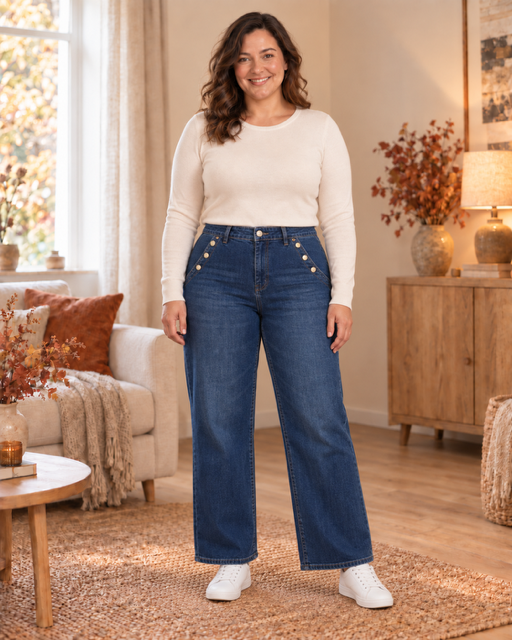 Blauwe wijde jeans afgewerkt met knopen
