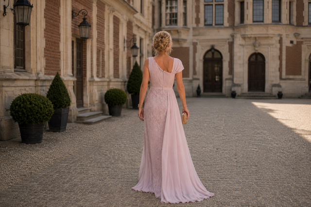 Poederroze avondjurk met glitterdetails